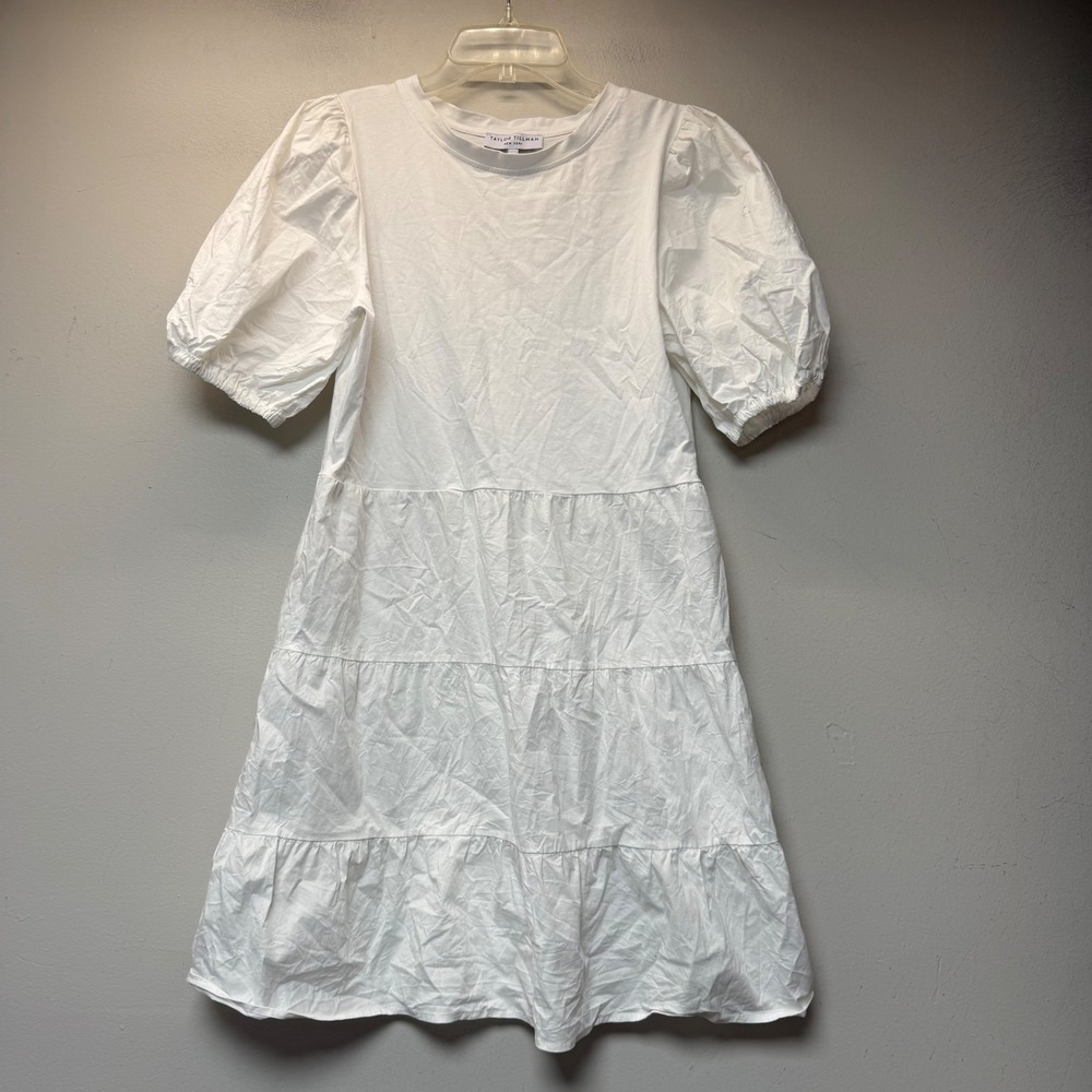 Taylor Tillman Tiered Babydoll Dress Womens M White Excellent Puff Sleeve Mini